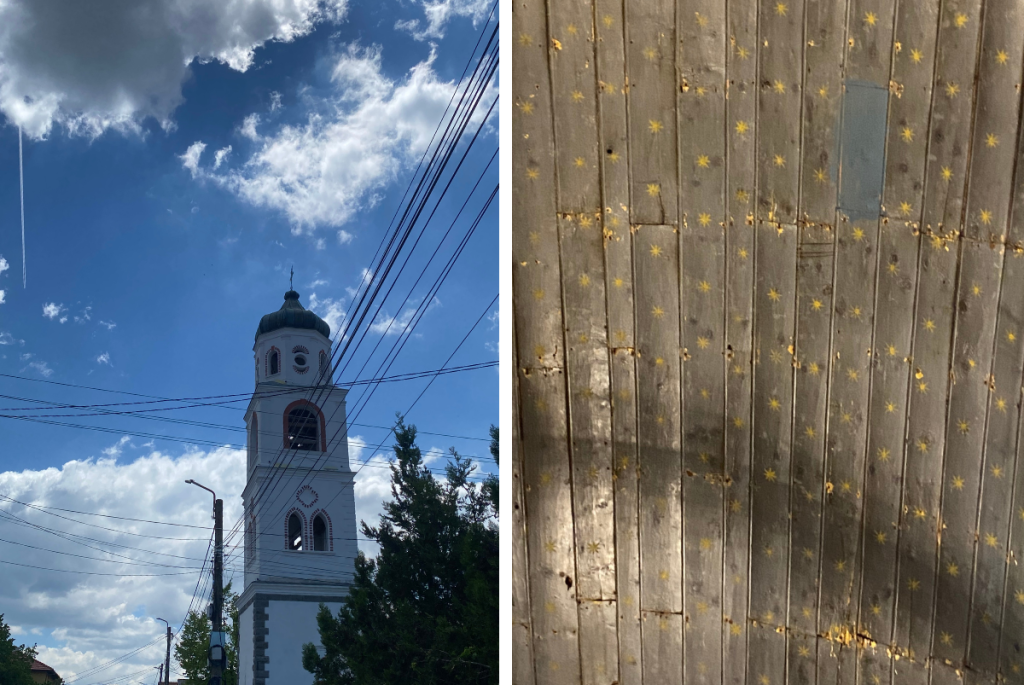 A bell tower and painted timber details in Samokov